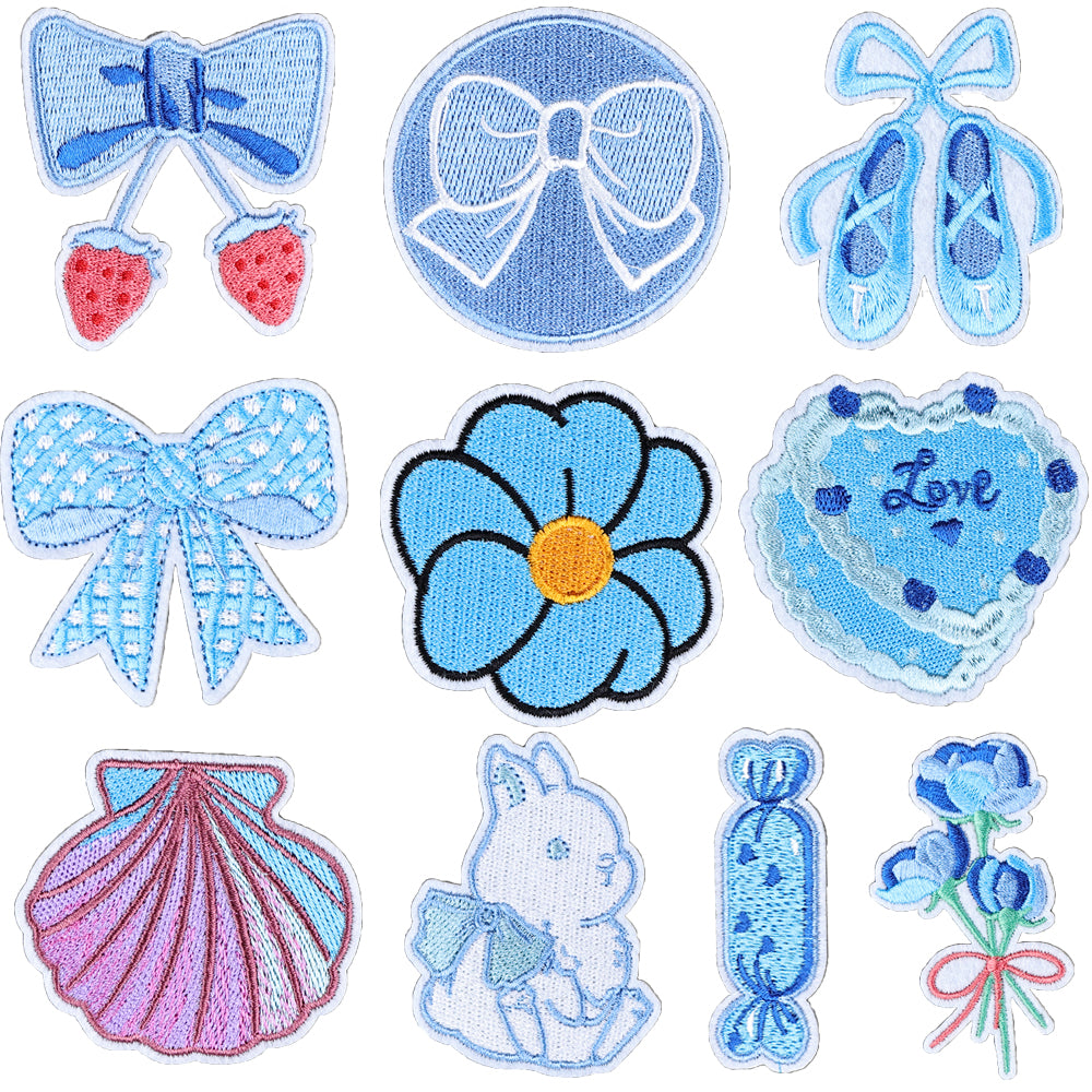 10 Pcs Lovely Blue Bowknot Flower Embroidered Patch
