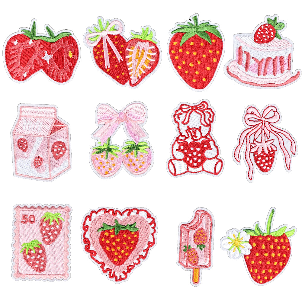 12Pcs Pink Strawberry Shape Embroidered Patch