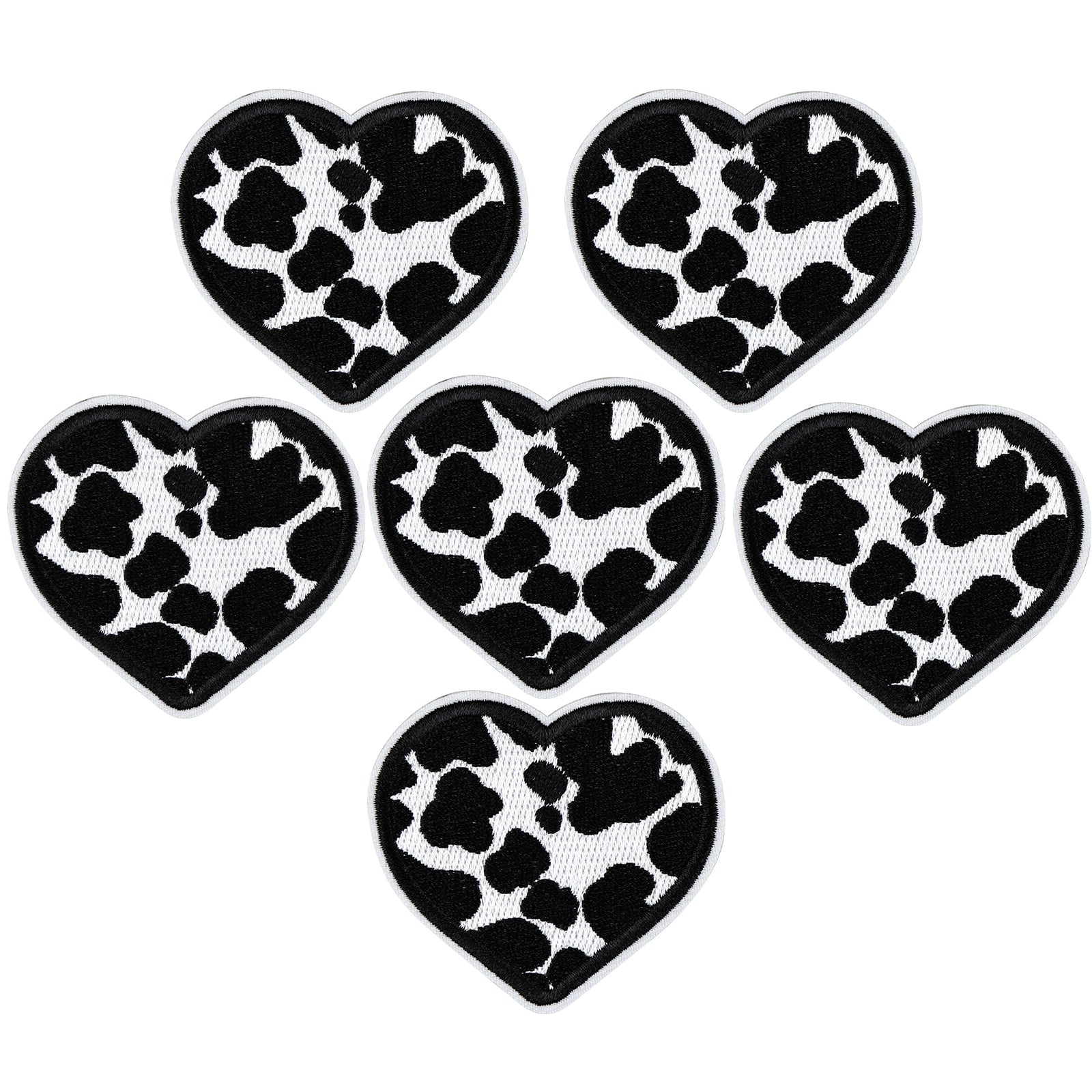 6Pcs Heart Shape Cow Print Embroidered Patch