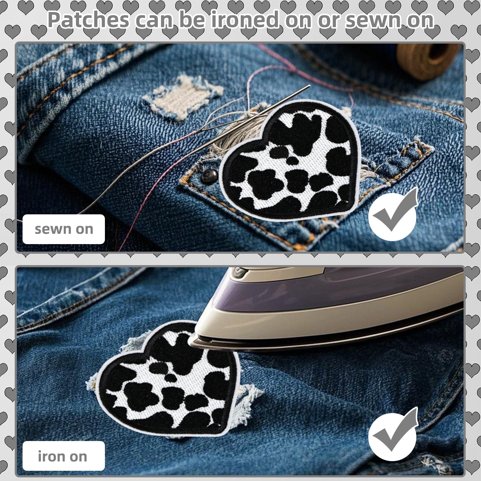 6Pcs Heart Shape Cow Print Embroidered Patch