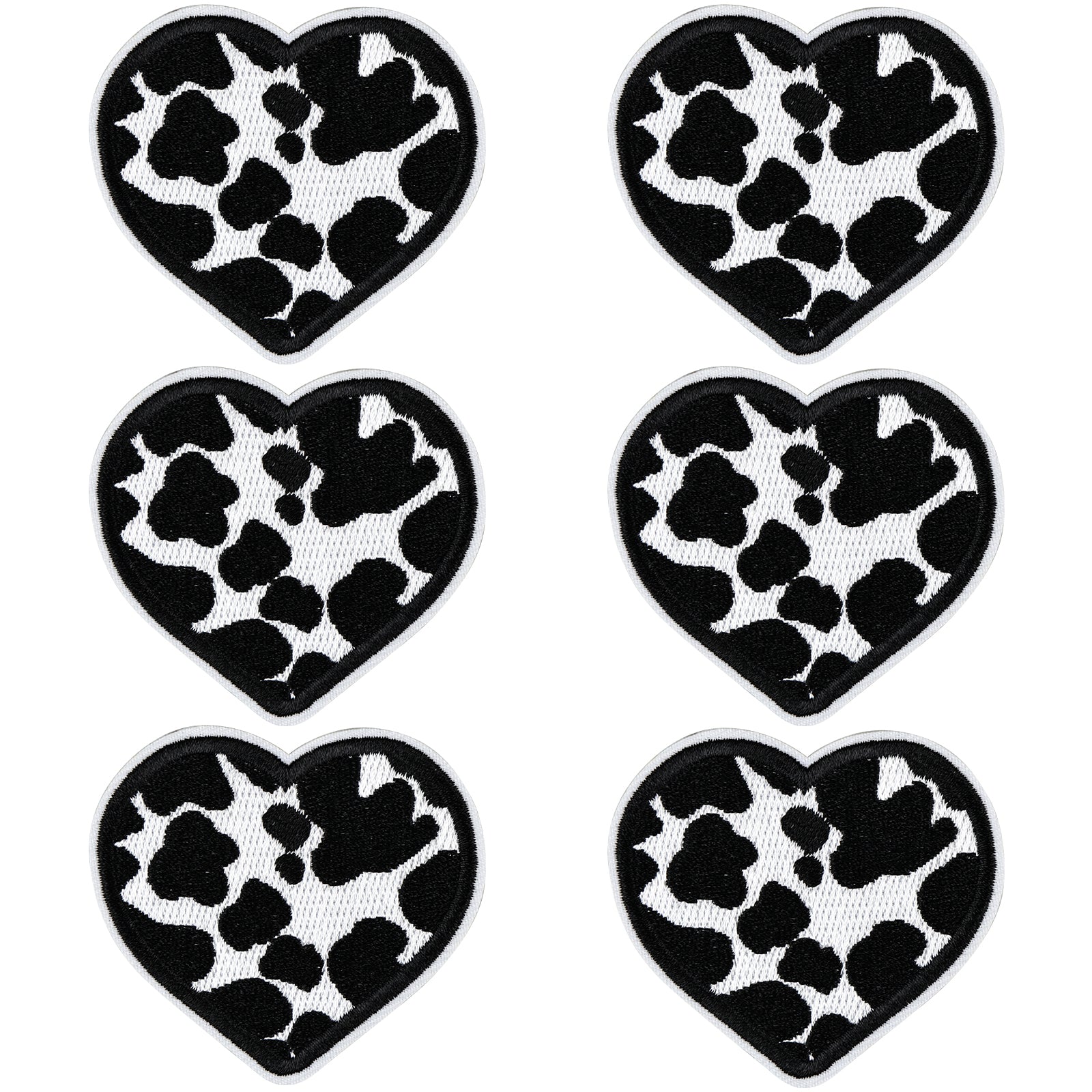 6Pcs Heart Shape Cow Print Embroidered Patch