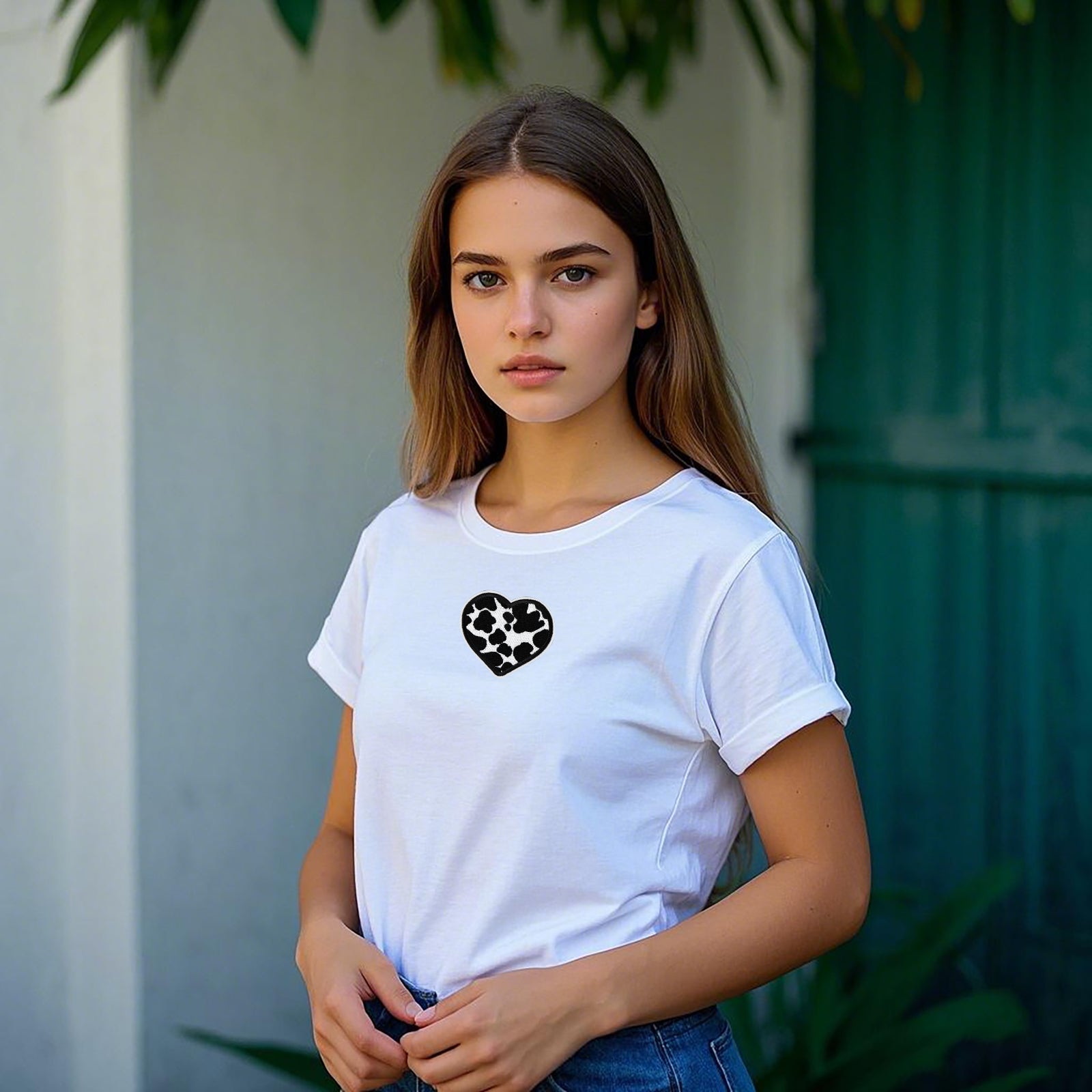 6Pcs Heart Shape Cow Print Embroidered Patch