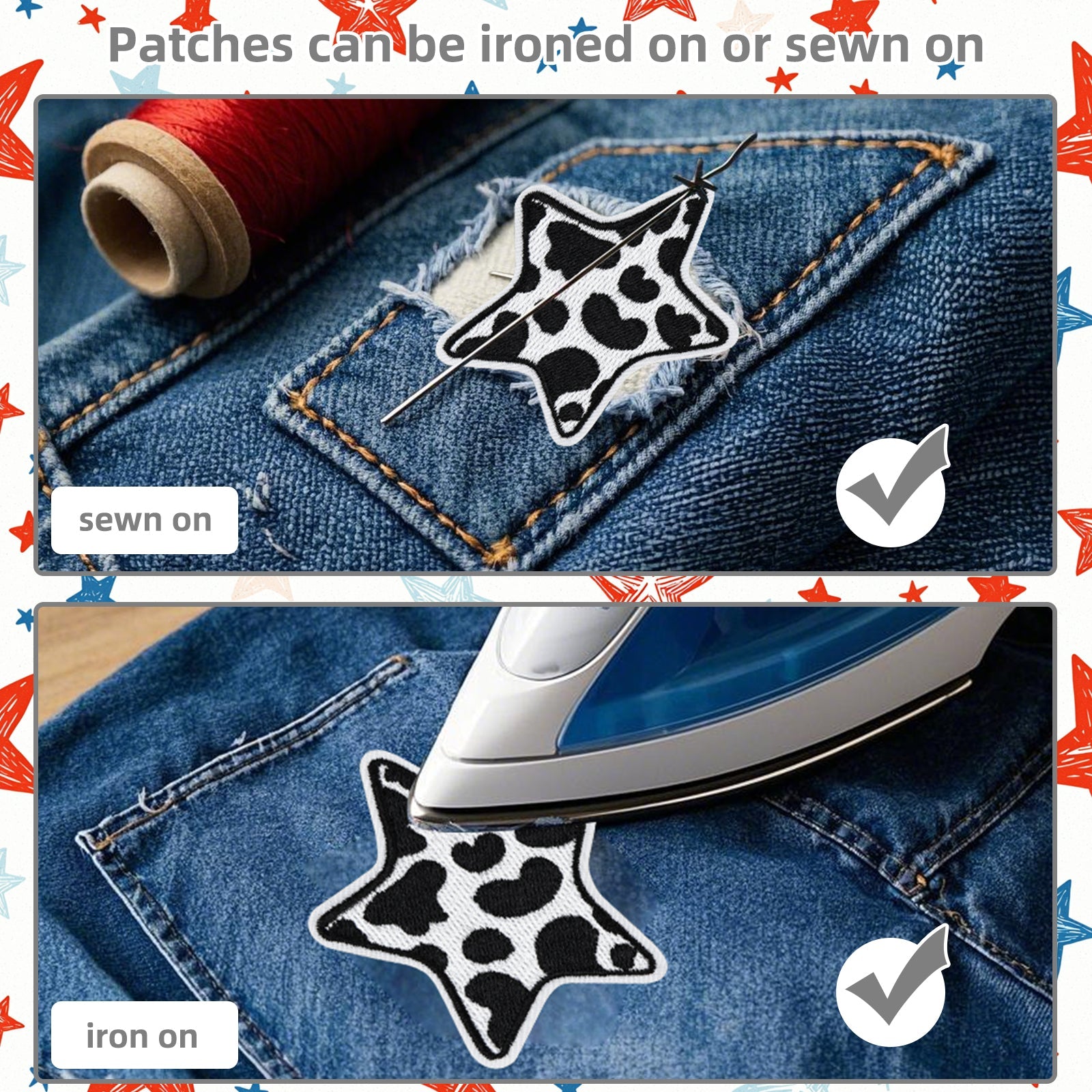 6Pcs Star Shape Cow Prints Embroidered Patch