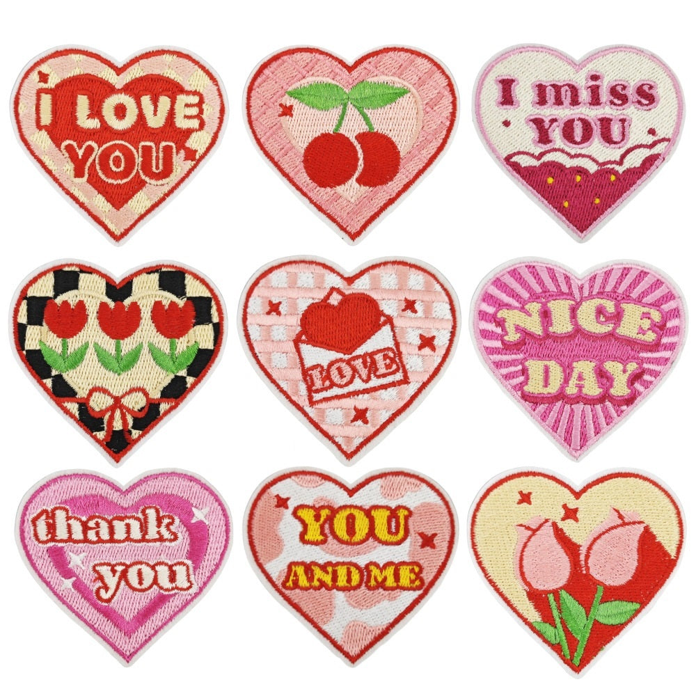 9Pcs Pink Heart Shape Embroidered Patch